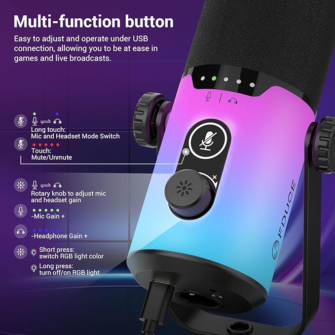 FDUCE Dynamic Gaming Microphone kit, USB/XLR Podcast Computer Microphone with Desktop Stand, RGB Light, Mute Button and Headphone Jack, for Gamer Streaming Recording Studio YouTube Online Chat(D20)