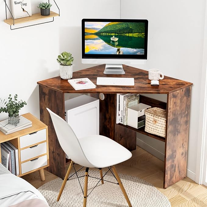 COSTWAY Corner Computer Desk, Space-Saving Triangular Writing Desk w/ 2 Storage Shelves & 2 Cable Holes, Multi-Functional Console Table for Small Space in Home Office, Living Room, Bedroom (Coffee)