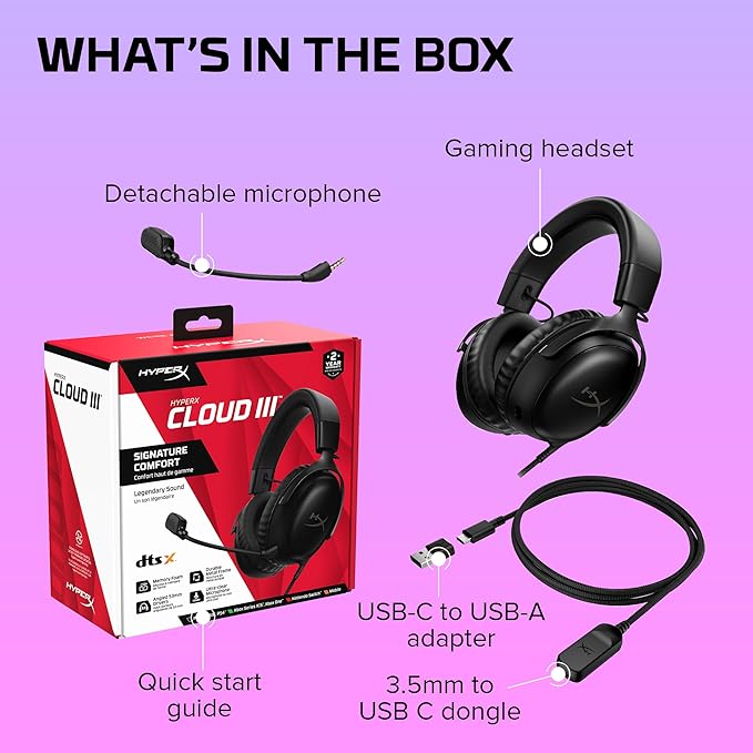 HyperX Cloud III – Wired Gaming Headset, PC, PS5, Xbox Series X|S, Angled 53mm Drivers, DTS, Memory Foam, Durable Frame, Ultra-Clear 10mm Mic, USB-C, USB-A, 3.5mm – Black (Renewed)