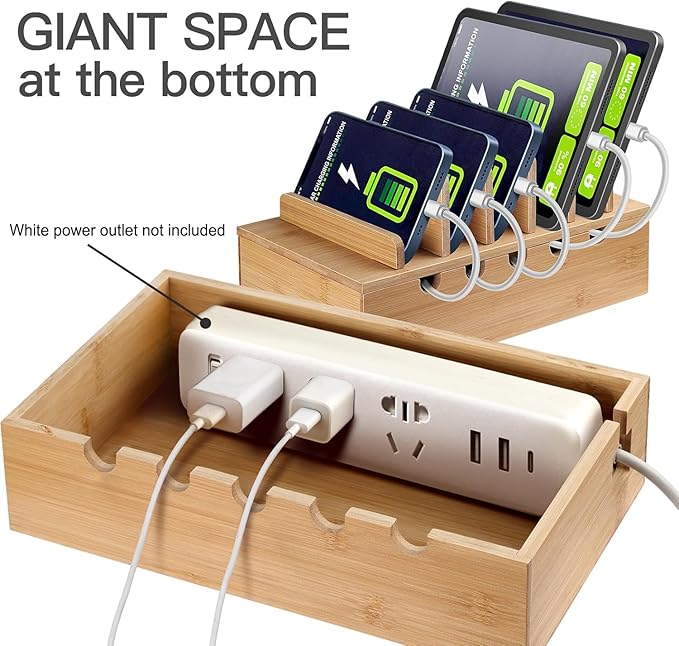 MINCORD Bamboo Charging Station for Multiple Devices, Cell Phone Docking Charging Station Organizer, Nightstand Bedside Desk Device Charger Organizer for Laptop, Tablets and iPads