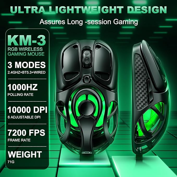 YPBDAN Wireless Gaming Mouse, Tri-Mode 2.4G/USB-C/Bluetooth 5.3 RGB Wireless Mouse, 10000 DPI, 60Hrs Battery, Ultra-Light Ergonomic Design, Rechargeable Computer Mice Compatible with PC Mac Laptop