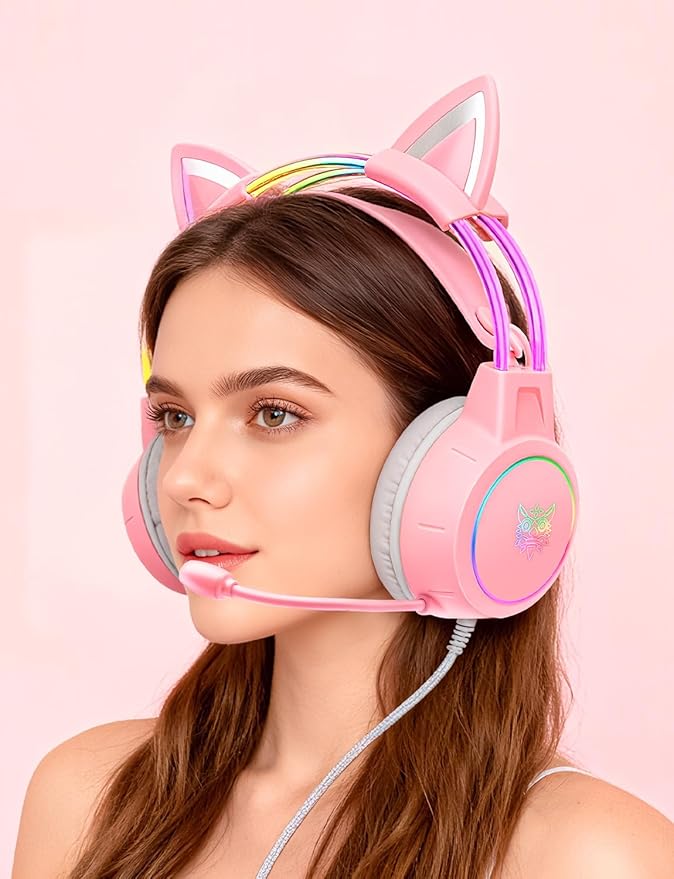 Lightweight Gaming Headset with Detachable Cat Ears, RGB Lighting, Wired Over Ear Headphones with Mic for PC, PS4, PS5, Switch, Stereo Surround Sound, Self-Adjusting Headband