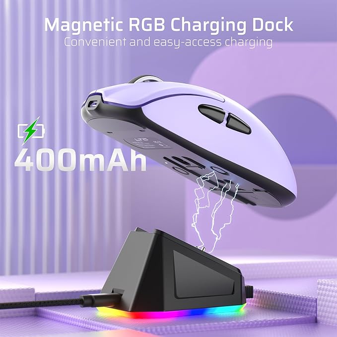 LTC GM022 Ultralight 3-Mode Wireless Gaming Mouse with RGB Charging Dock, PAW3395 26K DPI Sensor, 55G Lightweight Ergonomic Bluetooth Gaming Mouse, 5 Programmable Buttons, 80 Million Click Switch
