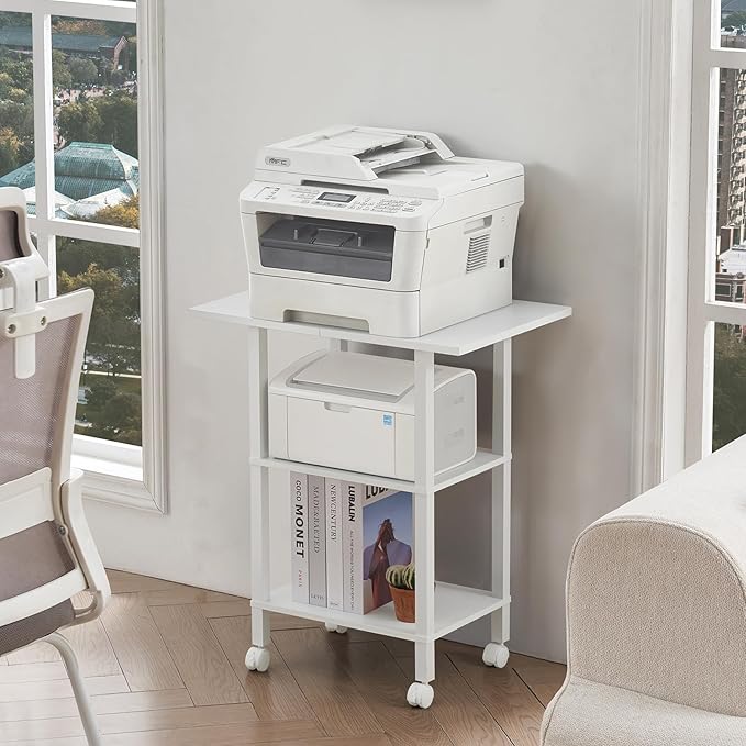 YUFAM White 3 Tier Home Printer Stand with Storage, Wooden Mobile Printer Table Shelf, Rolling Printer Cart Shelf with Lockable Wheels fit Fax Machine, Scanner