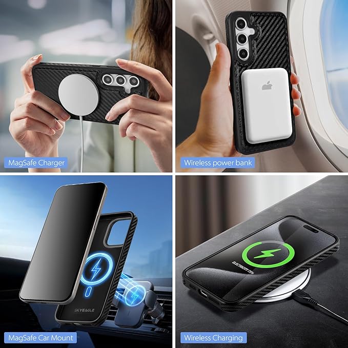 SkyEagle Compatible with Magsafe 2 in 1 Detachable Samsung Galaxy S25 Plus Wallet Case with Card Holder,Women Men Magnetic PU Leather RFID Blocking Flip Folio Kickstand Credit Slots,Carbon Black