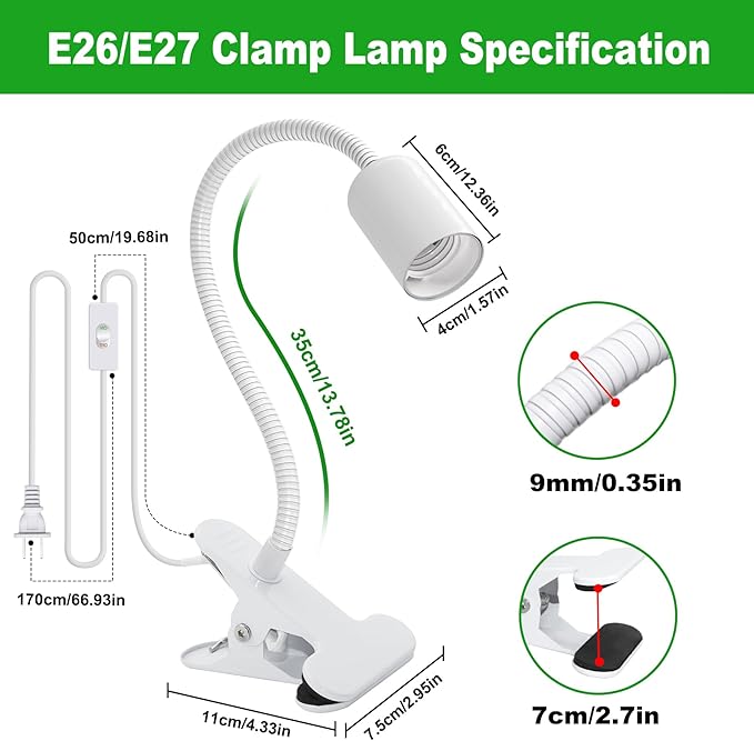 Clip on Desk Lamp, White Clip Lamp Holder with 220 CM Switch and Plug Cable, Clamp Light Socket with Metal Clamp, 9-350 MM Thickened Lengthened Gooseneck Light, E27 Lamp Holder, for Home Office