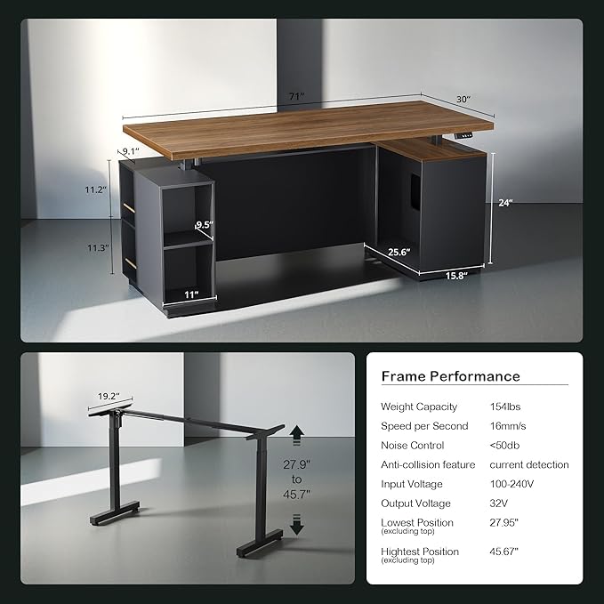 ModernMate Home Office Furniture Set, 71" Electric Standing Desk with 2 Wide File Cabinet, AC/USB, Mobile File Cabinet with Lockable Wheels, Furniture Set with Multiple Functions,Black Walnut