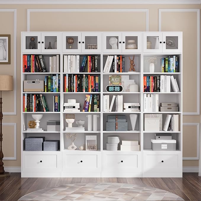 TUSY 85.5 Inch Tall Bookshelf with Doors - 7 Tier Bookcase with Glass Doors and Drawer, 23.6" Wide Storage Cabinet with Open Shelves for Living Room, White Book Shelf for Home Office, Study (BBBB)