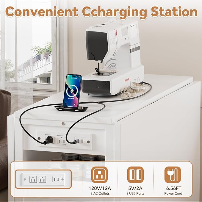 PAKASEPT Height Adjustable Sewing Cutting Table with Charging Station, Folding Craft Table with Storage,Movable Shelves for Large Fabric, Mobile Sewing Desk for Home Office Sewing/Craft Room,White