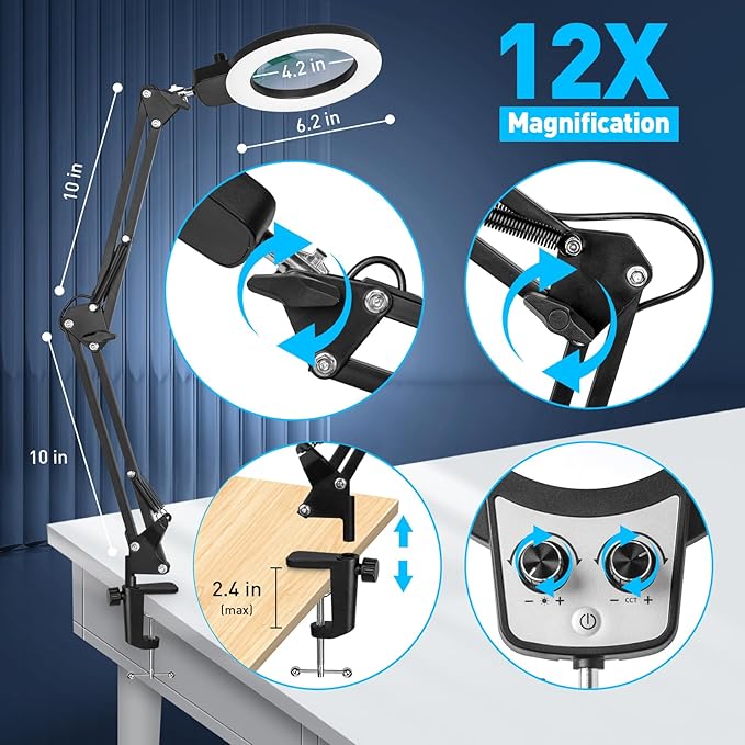 KIRKAS 12X Magnifying Glass with Light and Stand, Overhead Knob Magnifying Lamp for Workbench Craft, Sewing, 2-in-1 Lighted Magnifier Real Glass Lens Stepless Dimming and Color(9.06IN Base & Clamp)