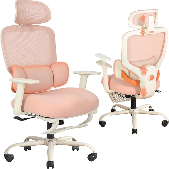 Ergonomic Office Chair with Footrest, Mesh Desk Chair with Adjustable Headrest & Armrests & Dynamic Floating Wing Lumbar Support, High Back Computer Chair for Home Office, BIFMA Certified, Pink