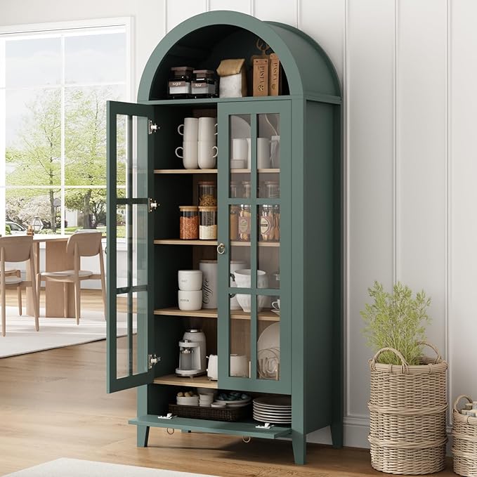 Tall Arched Cabinet, Modern Farmhouse Wooden Display Cabinet with Glass Doors, 70" 6 Tier Bookshelf w/Adjustable Shelves for Living Room, Office, Green