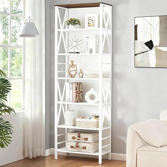 HOMISSUE Bookshelf, 7-Tier Bookshelf, Rustic Wood Metal Bookshelves and Bookcases, Freestanding Open Bookshelf, Industrial Tall Bookcase for Home Office, Living Room and Bedroom, White