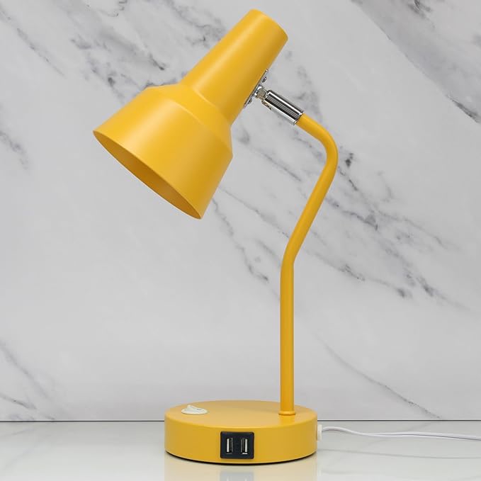 Simple Designs LD1072-YLW 15.2" Sleek Essentials Metal Cone Shade Desk Lamp with Adjustable Shade and Dual USB Ports, for Office, Desk, Nightstand, Dorm, Yellow