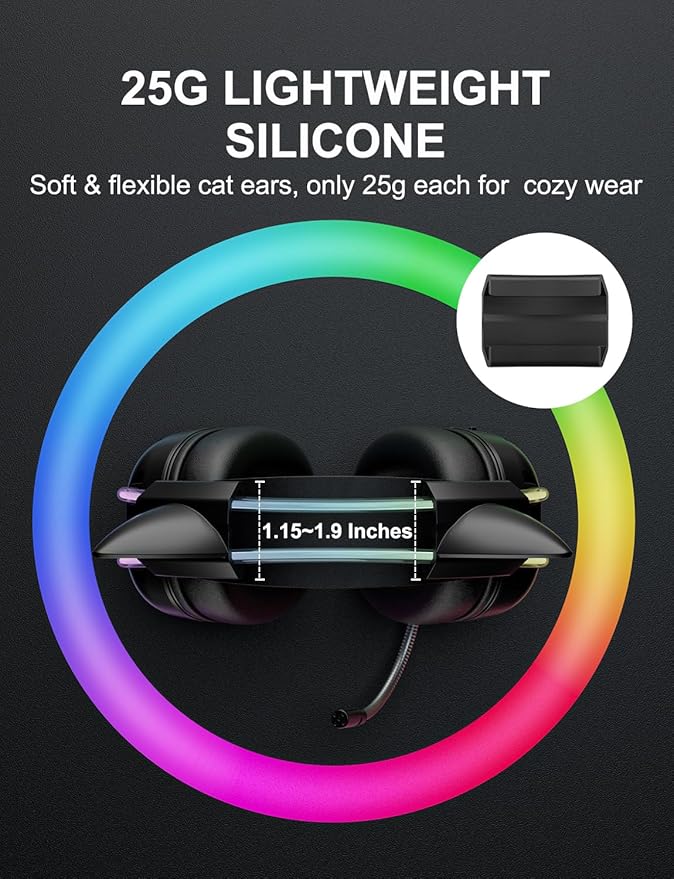 Black Cat Ears for Headphone, Silicone Cute Kitty Ears Attachment, Lovely Detachable Accessories Fit for Gaming Headset, Lightweight & Durable