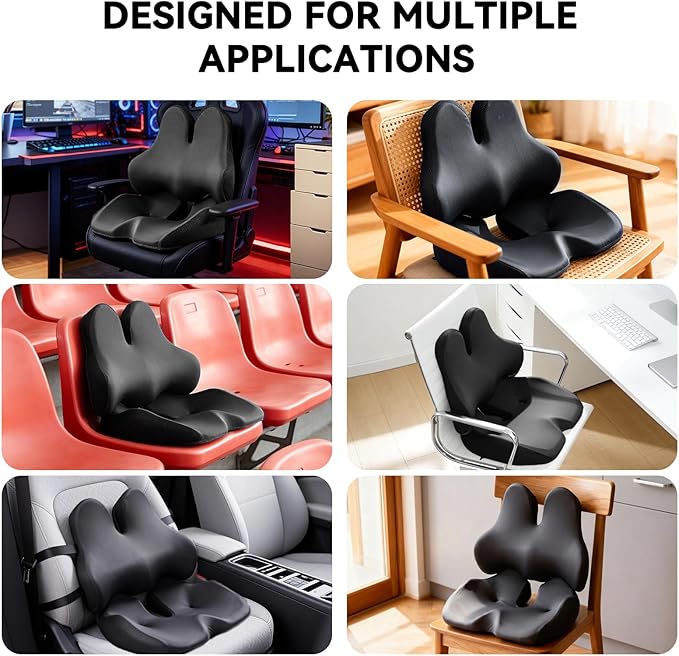 Seat Cushion Lumbar Support Pillow Set for Tailbone & Sciatica Pain Relief, Chair Cushions Back Support with Ergonomic Design Memory Foam XLarge Coccyx Pad for Car, Office, Desk, Wheelchair