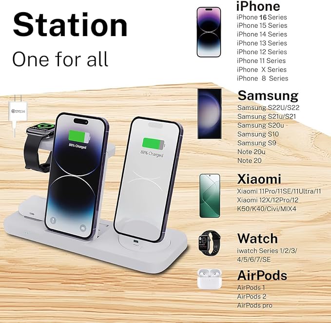 6-in-1 Fast Wireless Charging Station for iPhone 16/15/14/13, Apple Watch Ultra/9/8, AirPods Pro,18W Qi-Certified (B21-C-WHITE)
