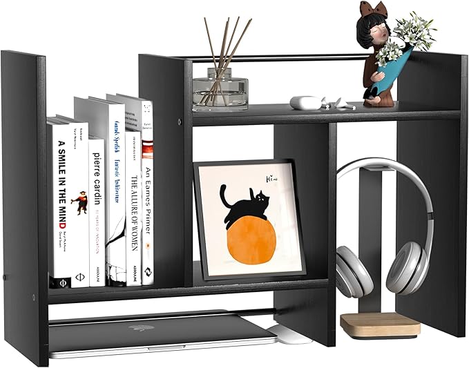 Desk Shelves Wood Desktop Orgnizer Shelf.Office Organization for Top of Desk Organizers and Accessories Bookshelf Shelving,Adjustable Tier H-Shape Mini Bookcase(Black)