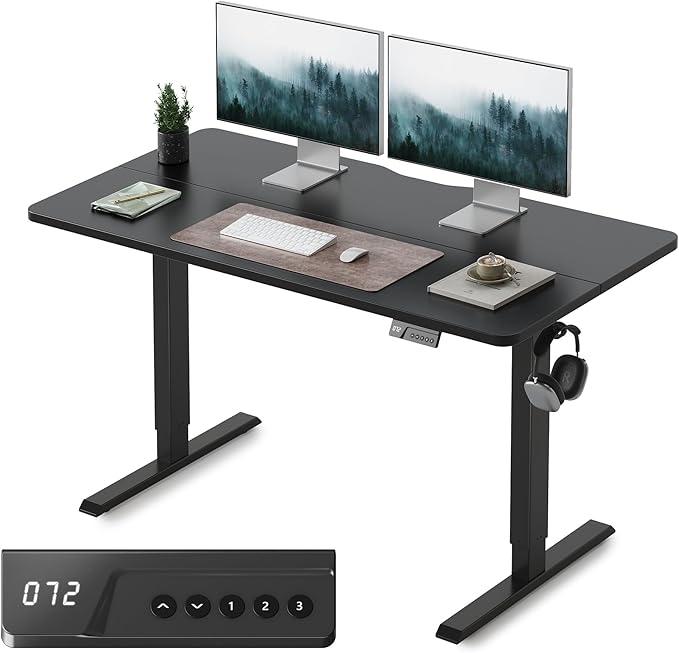 Cubiker Standing Desk, 55x24 Inches Sit Stand Home Office Desk, Electric Stand up Desk, Adjustable Desk with Splice Board, Black Frame/Black Top
