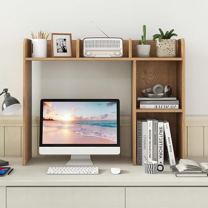 Desktop Bookshelf, 3-Tier Desk Hutch Shelf with 5 Display Rack for Computer Desk, Desk Organizer Shelves for Top of Desk, Dorm, Home, Office (Natural)