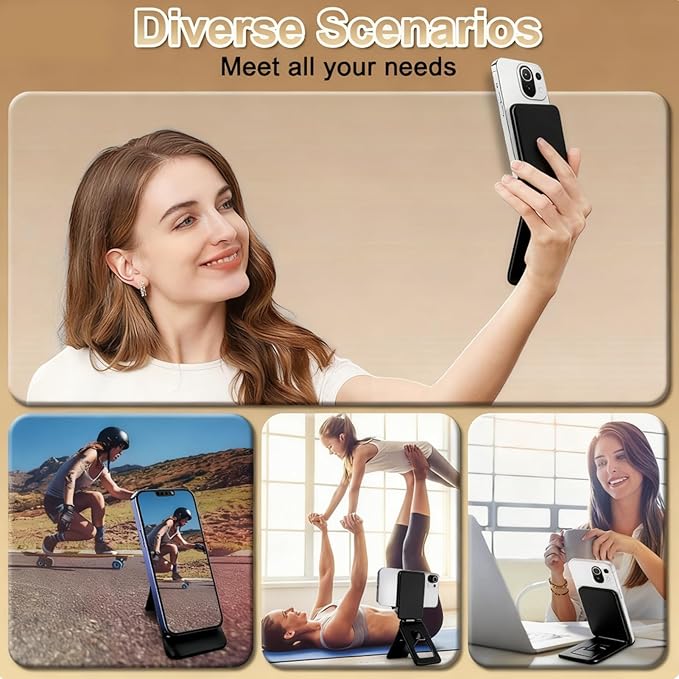 Magnetic Phone Stand, Compatible with All Smartphones 17/16/15/14/13/12 Series, Slim PU Leather Desk Stand with Multi-Angle Adjustment, Portable & Includes 1 Strong Magnetic Ring for Any Phone(Black)
