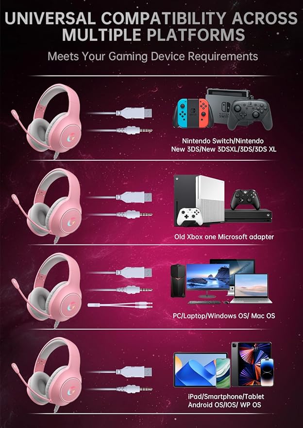 syndesmos CM7002 Gaming Headset for PS5, PS4, PC, Mac, Switch, Xbox Series, Surround Sound RGB Gaming Headphones with Noise Canceling Microphone, 50MM Dynamic Drivers, 3.5MM Audio Jack, Light Pink