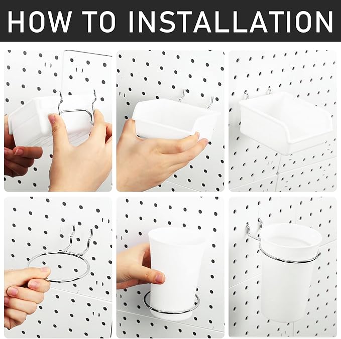 Sieral 30 Pcs Pegboard Organizer Accessories Kit Includes Peg Board Shelving Storage Basket Organizer Bins Hooks Loops Cup with Cup Holder for Garage Room Wall Attachments Tools(White, Silver)