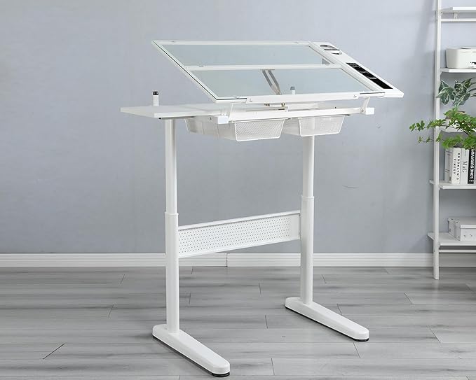 White Art Table,Drafting Table with Storage,Adjustable Drawing Desk with Stool & 2 Storage Drawers for Art Studio Home Office School Adults Teens Artists Kids