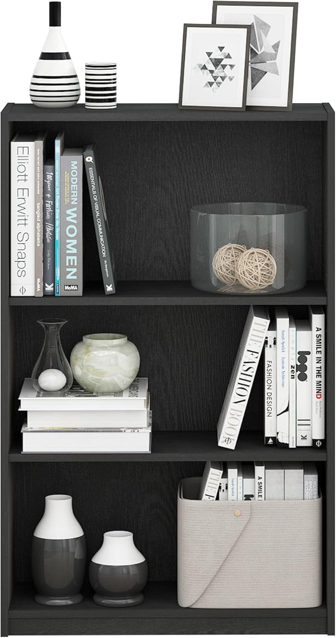 Furinno Jaya Book Shelf, 3-Tier Bookshelf, Bookcase with Adjustable Shelves, 9.5 x 24.5 x 40.3, for Organization and Storage, for Living Room, Bedroom, Home Office, Blackwood