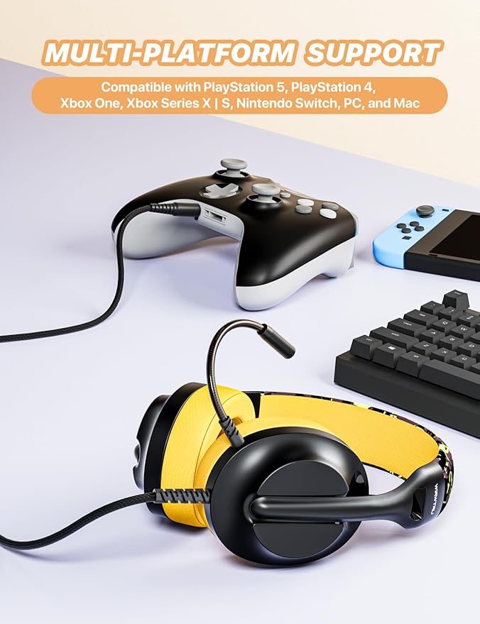 WIRWTRU S30 Gaming Headset with Microphone,198g Lightweight Design, Wired Gaming Headphones for Xbox, Xbox Series X|S, PS5, PS4, Switch, PC, Noise Cancelling Mic, Soft Earmuffs (Yellow)