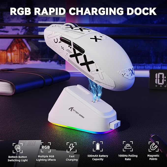 MAMBASNAKE ATTACK SHARK G3PRO Wireless Gaming Mouse with RGB Magnetic Charging Dock,Tri-Mode-2.4G/USB-C Wired/BT, 25K DPI,PAW3311 Optical Sensor,59g Ultra Lightweight,Slip Grip Tape for PC/Mac(White)