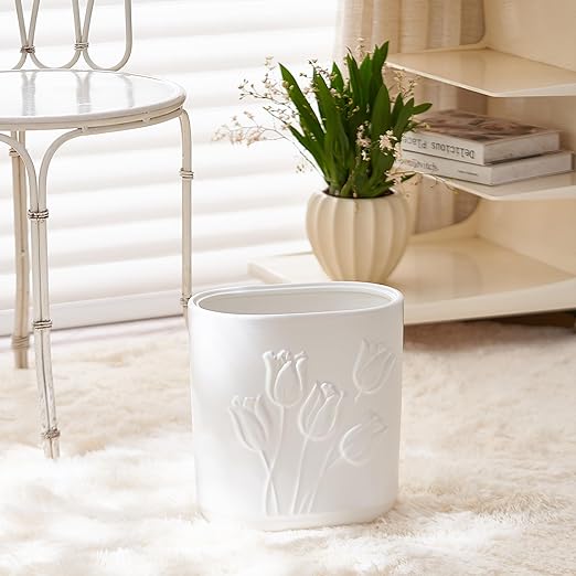 White Ceramic Tulips Small Bathroom Trash Can 2.6 Gal (10 Liter) - Heavy & Decorative Garbage Bin for Bathroom, Kitchen, Office, Bedroom & Living Room Corner