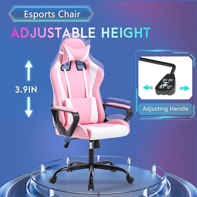 PayLessHere Ergonomic Racing Desk Chair Gaming Chair Computer Chair with Armrests 360° Swivel & Caster Pu Desk Task Chair Executive Headrest Lumbar Support for Back Pain Women Men and Adults,Pink