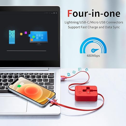 3 in 1 Multi Charging Cord, 3A 2Pack Retractable Multi Charger Cable with IP/USB C/Micro Ports, Phone Holder, Multiple Fast Charging Cable for Cell Phones, iPhone, Samsung,Tablets More