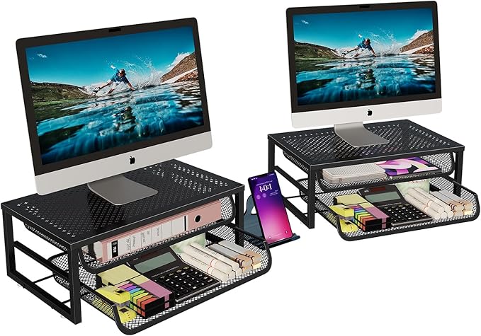Ekisemio 2 Pack Desk Organizer and Accessories, 2-Tier Metal Computer Monitor Stand Riser with Drawer, Desk Accessories & Workspace Organizers for Home Office Supplies, Black