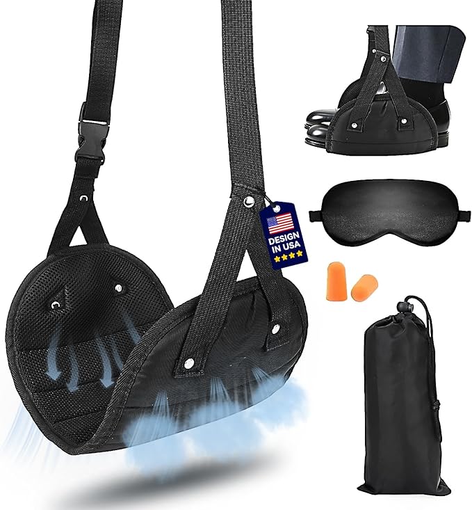 Portable Airplane Foot Hammock(Memory Foam)-Ultimate Comfort Bundle w/Sleep Mask & Ear Plugs, Foot Hammock for Plane Travel Essentials to Relax Your Feet, Airplane Foot Rest for Plane Travel 06