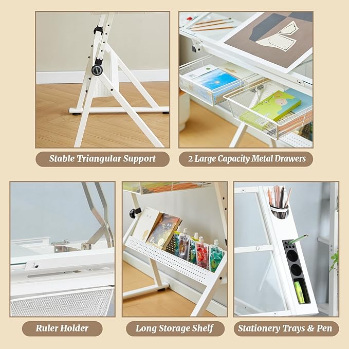 White Drafting Table Desk w/Stool, Painting Table Art Craft Desk Crafting Table with Tilting Tempered Glass Top, 2 Storage Drawers, Height Adjustable