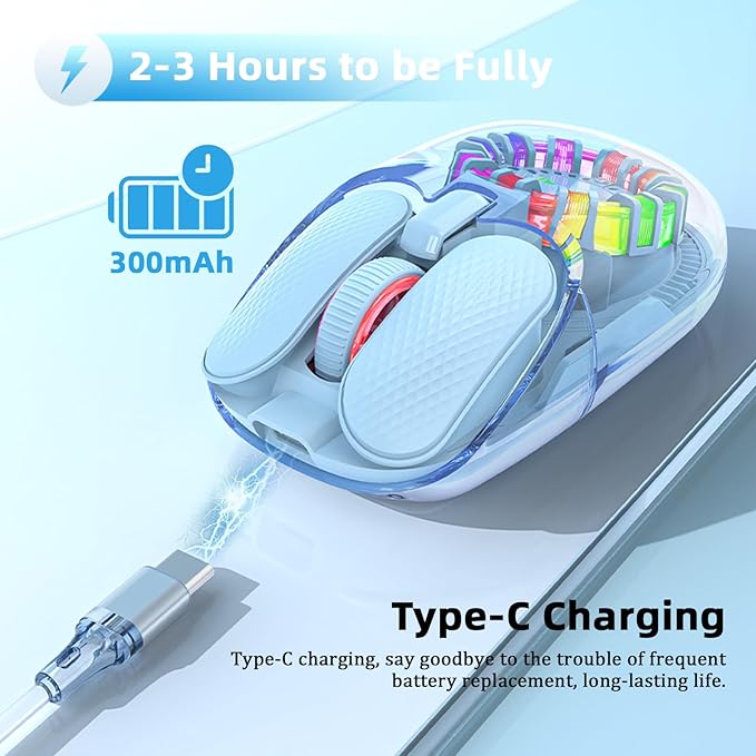 Wireless Bluetooth Mouse, Transparent BT+2.4G Dual-Mode Gaming Mouse with Magnetic Top Cover, Rechargeable RGB Backlit Computer Mouse for Laptop, PC, MacBook, iPad (Blue)