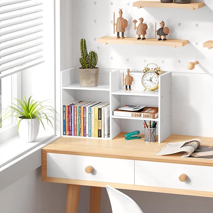 Desktop Shelf Organizer for Top of Desk - Wood Desk Hutch for Dorm Room Essentials & Home Office - Small Tabletop Bookshelf for Storage & Decor Display
