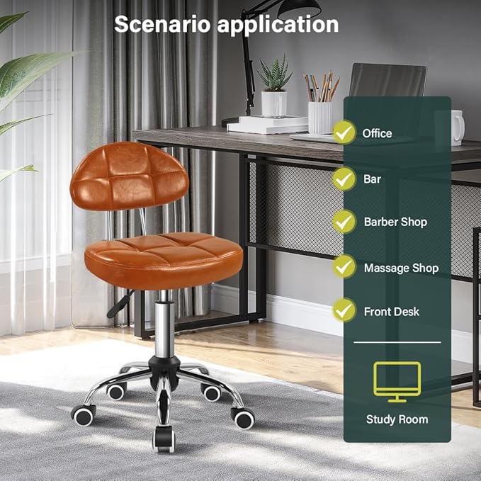 BFTOU Square Minimalist Swivel Stool with Wheel for Work SPA Shop Massage Height-Adjustable and Cost-Effective Rolling Stool Chair with Back (Orange-Brown)