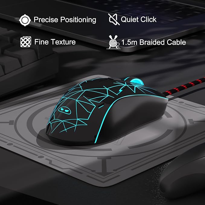 MageGee G6 Wired Gaming Mouse, Ergonomic USB Optical Mouse with 7 Colors Breathing LED Backlit, 6 Adjustable Speed Levels from 600 to 3200 for Laptop PC Computer Games & Work, Black