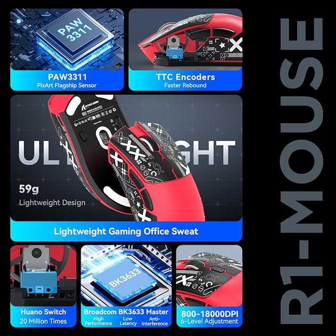 MAMBASNAKE Attack Shark R1 Wireless Gaming Mouse,PAW3311 Optical Sensor 18K DPI,59g Ultralight 2.4Ghz/BT/Wired Computer Mice for Win/Mac-Red&Tape