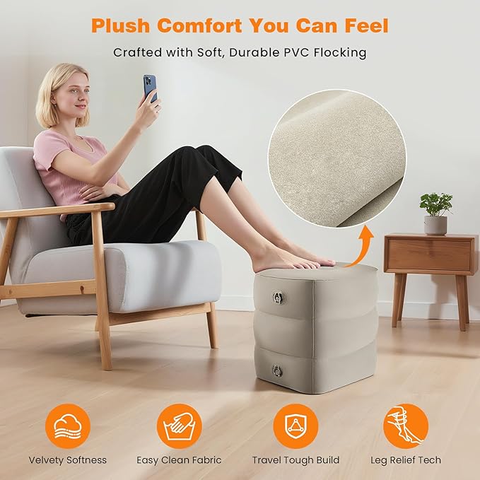 Inflatable Foot Rest Pillow for Travel, 4 Height Adjustable Leg Rest Pillow for Economy Class, Car, Office and Homes