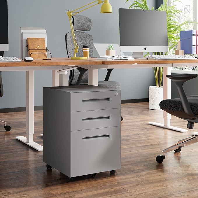 Dripex 3 Drawer Grey File Cabinet, Mobile Under Desk Storage File Cabinet with Lock on Wheels, Fully Assembled, Letter/Legal Size, Small Short Vertical Metal Rolling Filing Cabinets for Home Office