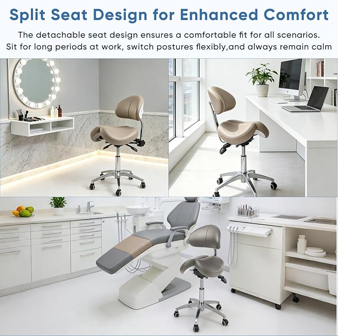 Saddle Stool with Wheels,Rolling Stool with Back Support&Split Seats,Ergonomic Stool Saddle Stool for Hair Stylist for Dentist Salon Tattoo(Drak Grey