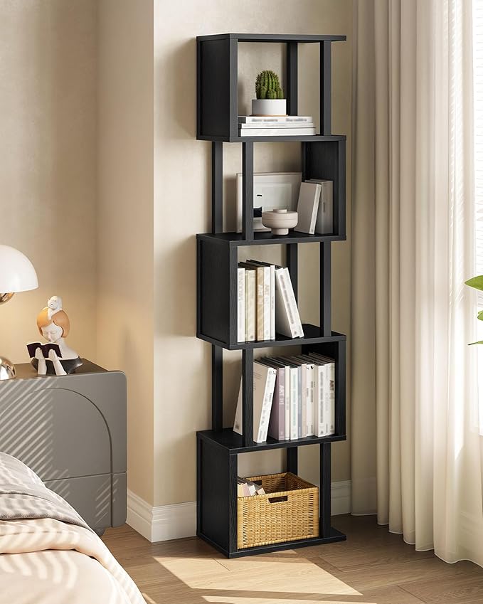 CHOEZON S-Shaped 5-Tier Bookshelf, 58.1-Inch Tall Bookcase with Anti-Tip Kit, Open Display Shelf for Living Room, Office, Bedroom Storage, Black MSJ01BB