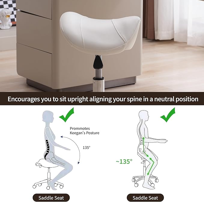 FIRAVOE Saddle Stool, Swivel Saddle Stool with Wheels, Adjustable Rolling Stool 18"-26", Faux Leather Rolling Stool for Salon, Massage, Clinic, Lab, Office (White, 1PCS (18"-26"))