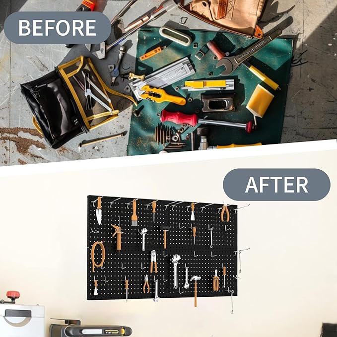Garage Pegboard Organizer - 4-Pack 24" x 12" Black Heavy-Duty Metal Pegboard Panels, High-Capacity Wall Mount Peg Board for Tool Storage, Workshop, Kitchen, Garage & Office Organization