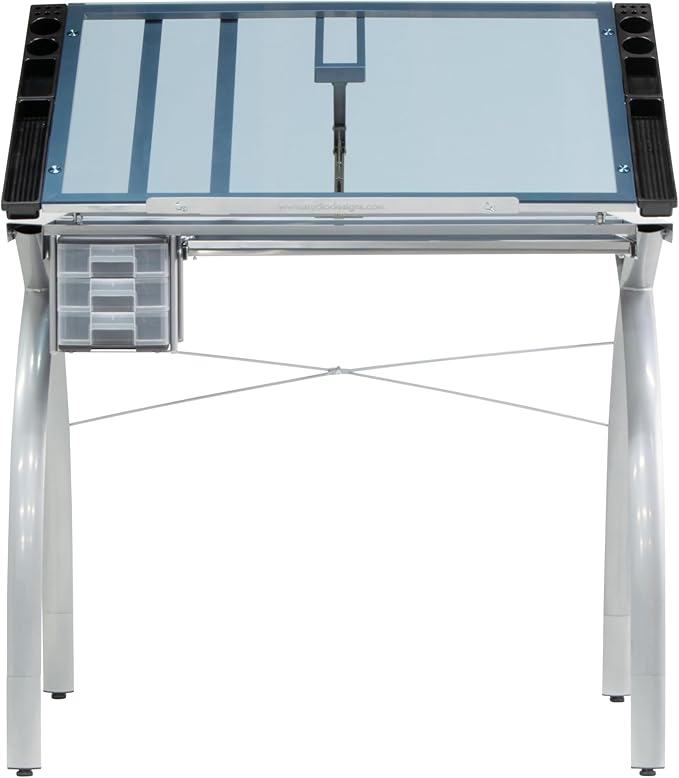 SD Studio Designs 10037 Futura Deluxe Drafting Table with Light Pad Support Bars & Drafting Height Leg Extensions, Silver/Blue Glass