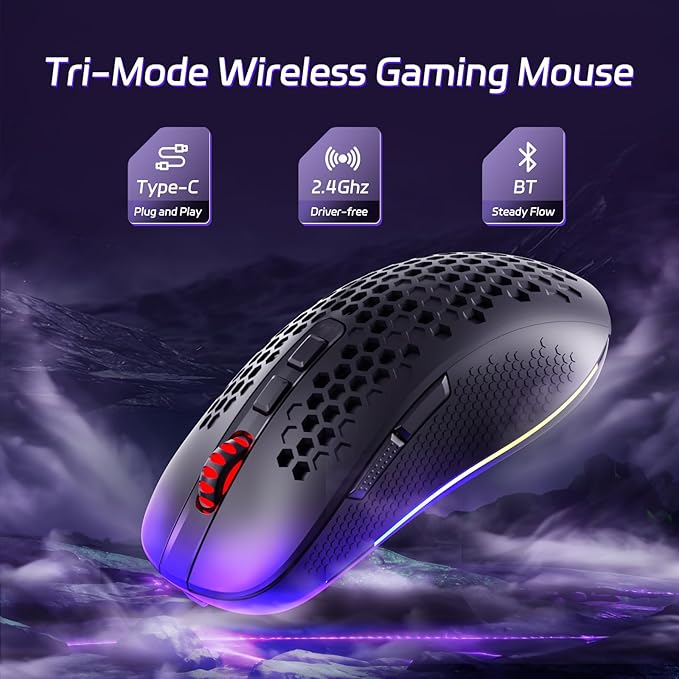 Redragon M694 Wireless Gaming Mouse with Honeycomb Shell, 7200DPI Tri-Mode Ultralight Gaming Mouse Wireless, RGB, 7 Programmable Buttons, Long-Life Battery, Software Support Gamer Mouse for Pc, Mac